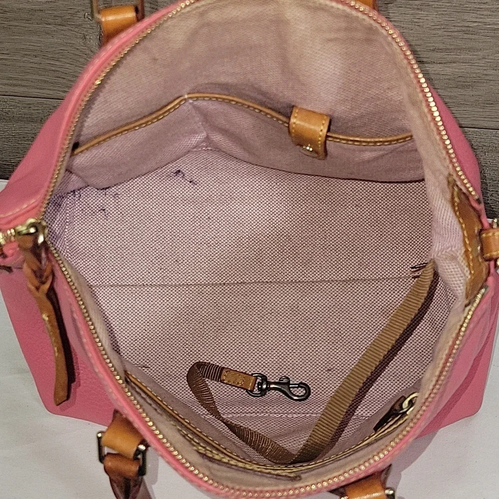 Dooney & Bourke Pink Leather Satchel Handbag with Brown Trim